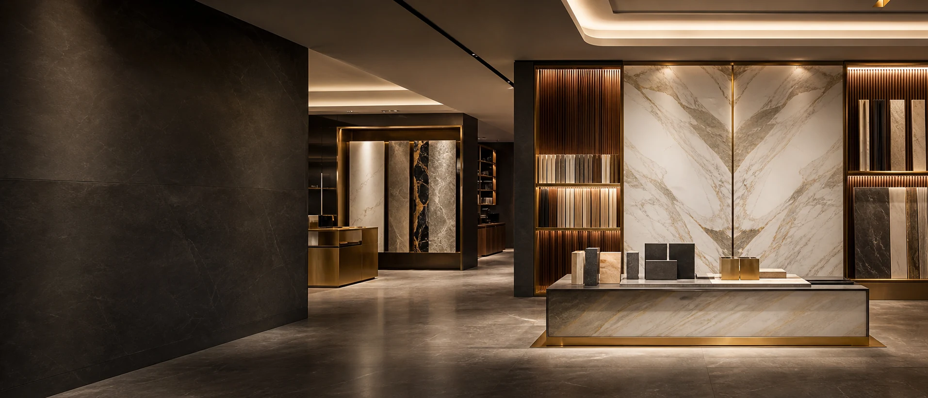 Premium architectural materials showroom with marble, walnut and champagne metal finishes